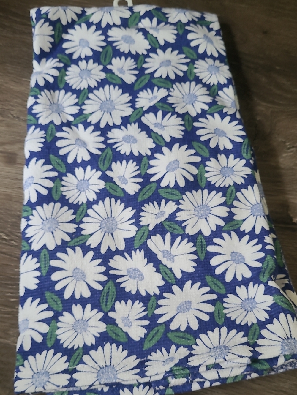 Blue Daisy Print Cotton Tea Towel - White & Green Floral And Blue And White